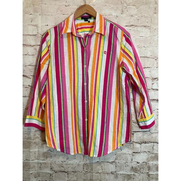 Chaps Top Womens Medium Linen Cotton Rainbow Striped Button Up Long Sleeve - Picture 1 of 11